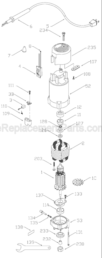 Page A Diagram and Parts List for 7310 Type 1 Porter Cable Laminate Trimmer